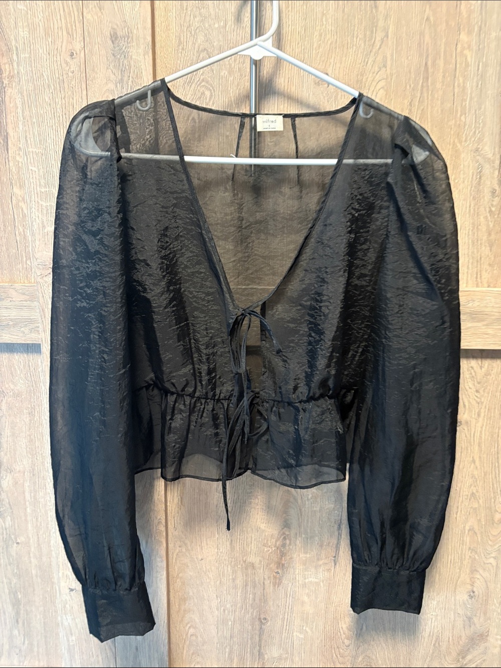 Aritzia Wilfred Black Sheer Tie-Front Puff Sleeve Blouse